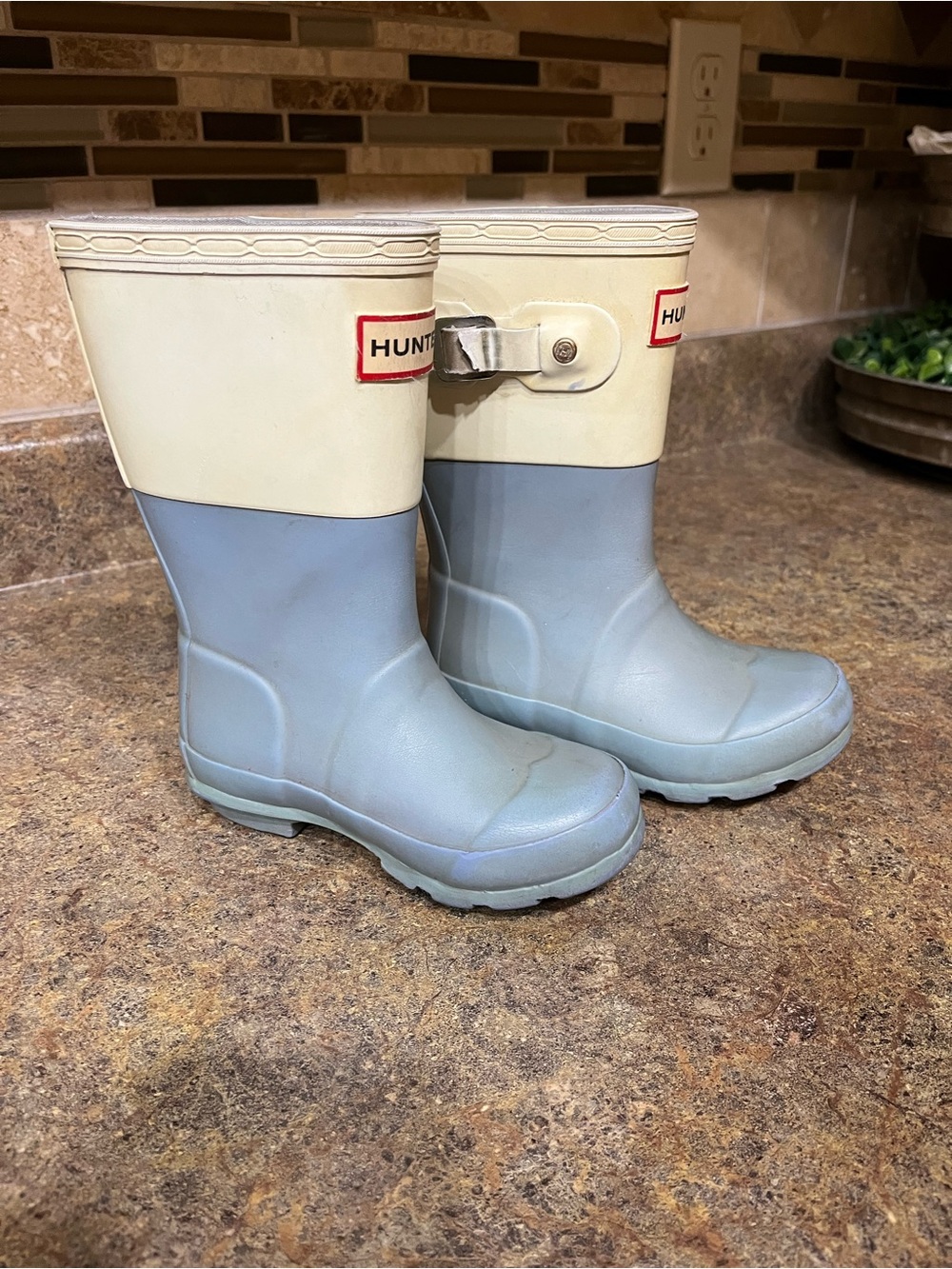 Hunter Original Kids Rain Boots Blue Cream Colorblock US 3 EU 34 Fall